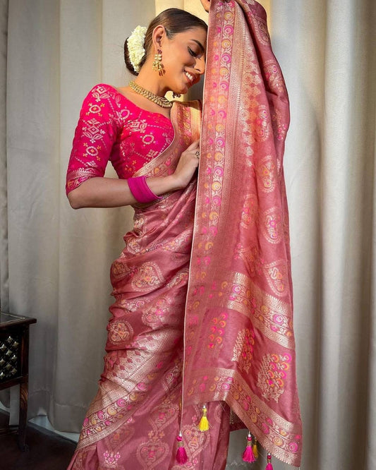 Pink color Peach Color Soft Banarasi Silk Saree With Blouse With Copper Zari Work Saree