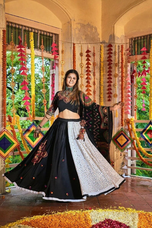 Black Heavy Muslin Cotton Thread Embroidered Semi Stitched Lehenga Choli, Lehenga Choli For Women, Black Lehenga, Designer Lehenga Choli