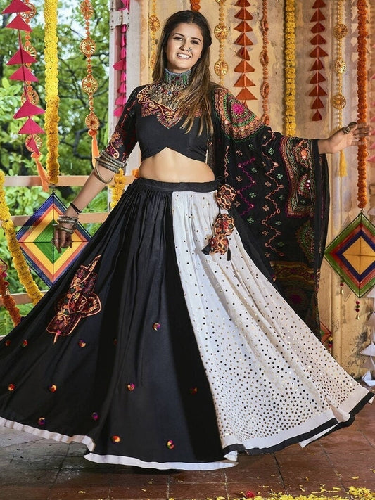 Black Heavy Muslin Cotton Thread Embroidered Semi Stitched Lehenga Choli, Lehenga Choli For Women, Black Lehenga, Designer Lehenga Choli