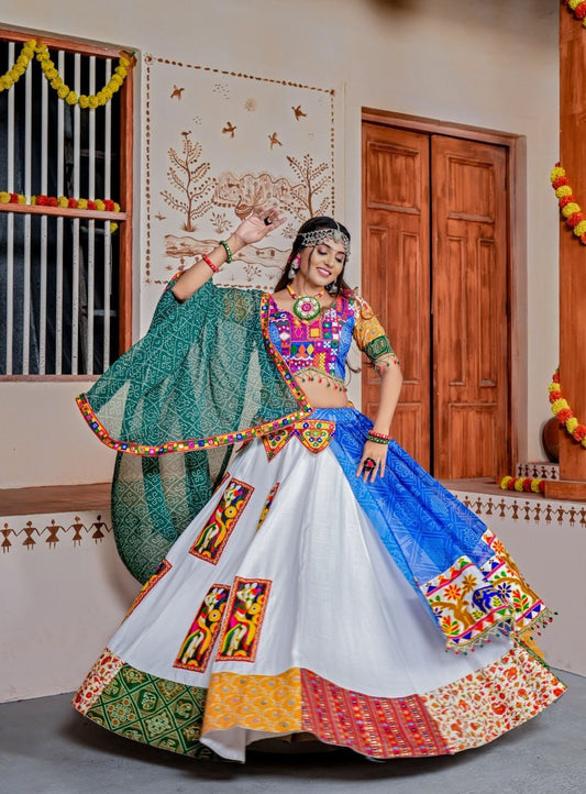 Blue Bandhani Navratri Lahenga Choli  Georgette &  Heavy Cotton Kutchi Mirror Patch Navratri Garba, Navratri Pooja, Festivals