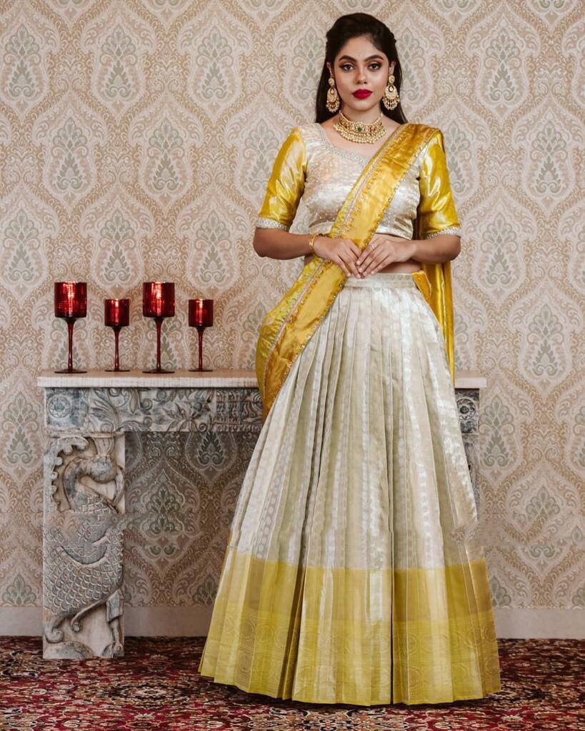 Yellow Color Designer Kanjivaram Silk Half Saree lehenga Zari Weaving South Saree