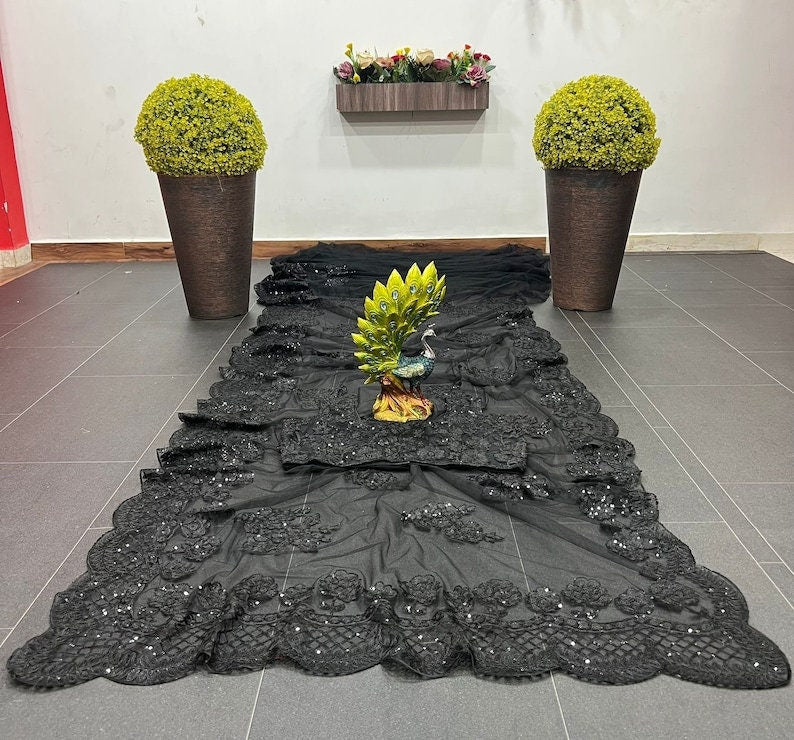 Black Colour beautiful Designer Saree on Soft Net fabric with and