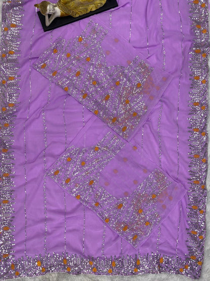 Designed light purple Georgette Saree For Women, Designer Saree,