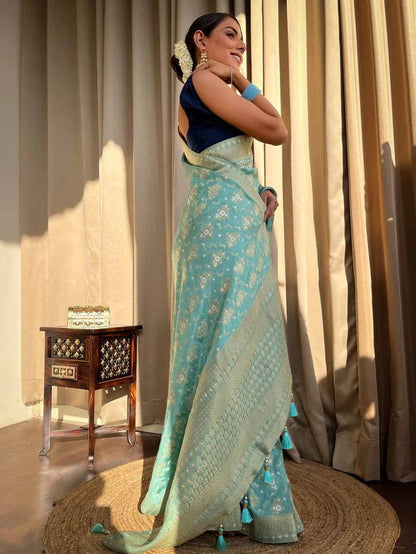 Sky blue banarasi handloom silk saree Heavy Brocade Work Saree, Indian Saree For Women, Bollywood Saree