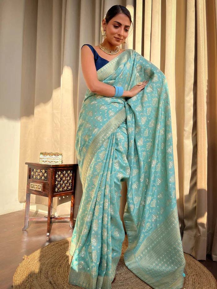 Sky blue banarasi handloom silk saree Heavy Brocade Work Saree, Indian Saree For Women, Bollywood Saree