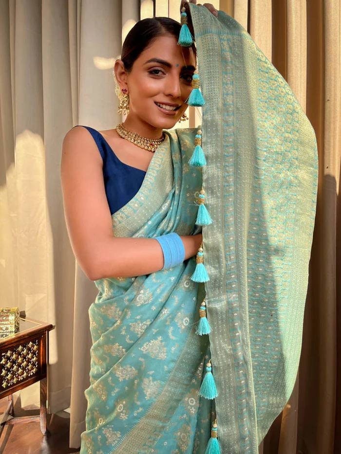 Sky blue banarasi handloom silk saree Heavy Brocade Work Saree, Indian Saree For Women, Bollywood Saree