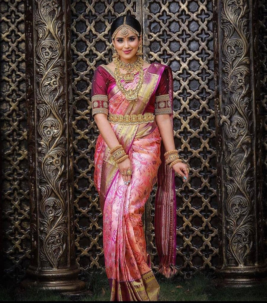 Pink Color Banarasi Soft Lichi Silk Saree, Indian Saree With Unstitched Blouse, Zari Work, Saree For Women, Wedding Saree Party Wear Saree