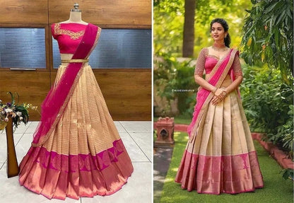 New kanjivaram silk half Saree lehenga pure zari waving south Indian wadding woman half saree lehenga with stitched Women blouse and lehenga