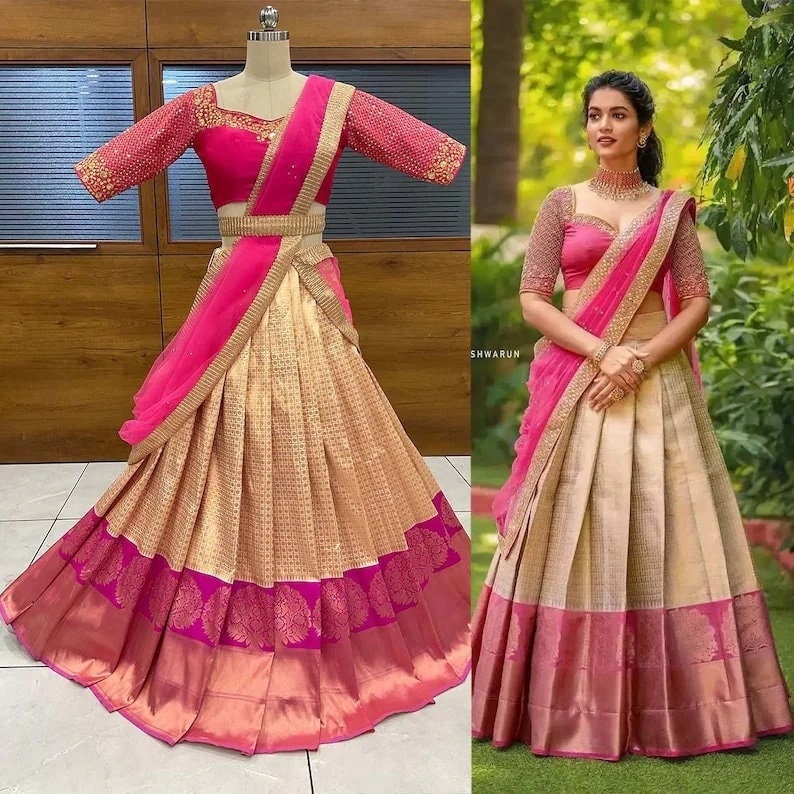 New kanjivaram silk half Saree lehenga pure zari waving south Indian wadding woman half saree lehenga with stitched Women blouse and lehenga