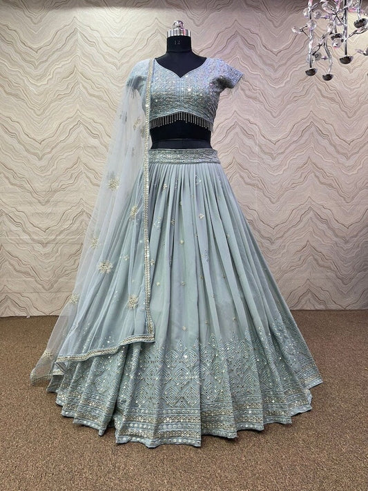 Beautiful Grey Heavy Georgette Lehenga Choli Embroidery Sequence Work And Fancy Latkan Lace Border With  Dupatta For Women