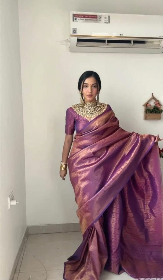 Purple Color Womens Saree with Blouse,Indian Saree Wedding Saree Bridal Saree Pure Lichi Silk Wedding Saree Gift For Her Indian tradiational