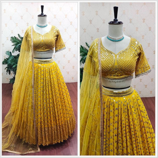 Exclusive haldi wear yellow lehanga choli for women Heavy Sequins Embroidered Work & Machine Pearl Work Indo-western Outfits, Indian Outfits