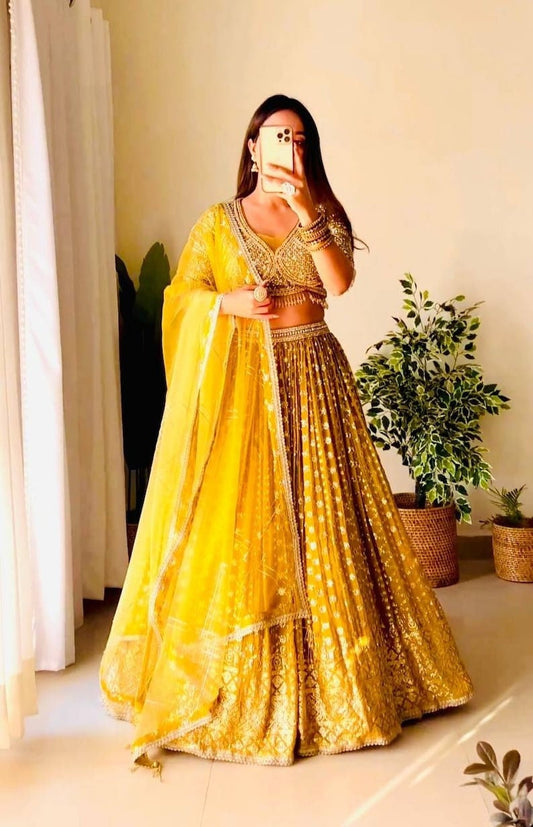 Exclusive haldi wear yellow lehanga choli for women Heavy Sequins Embroidered Work & Machine Pearl Work Indo-western Outfits, Indian Outfits