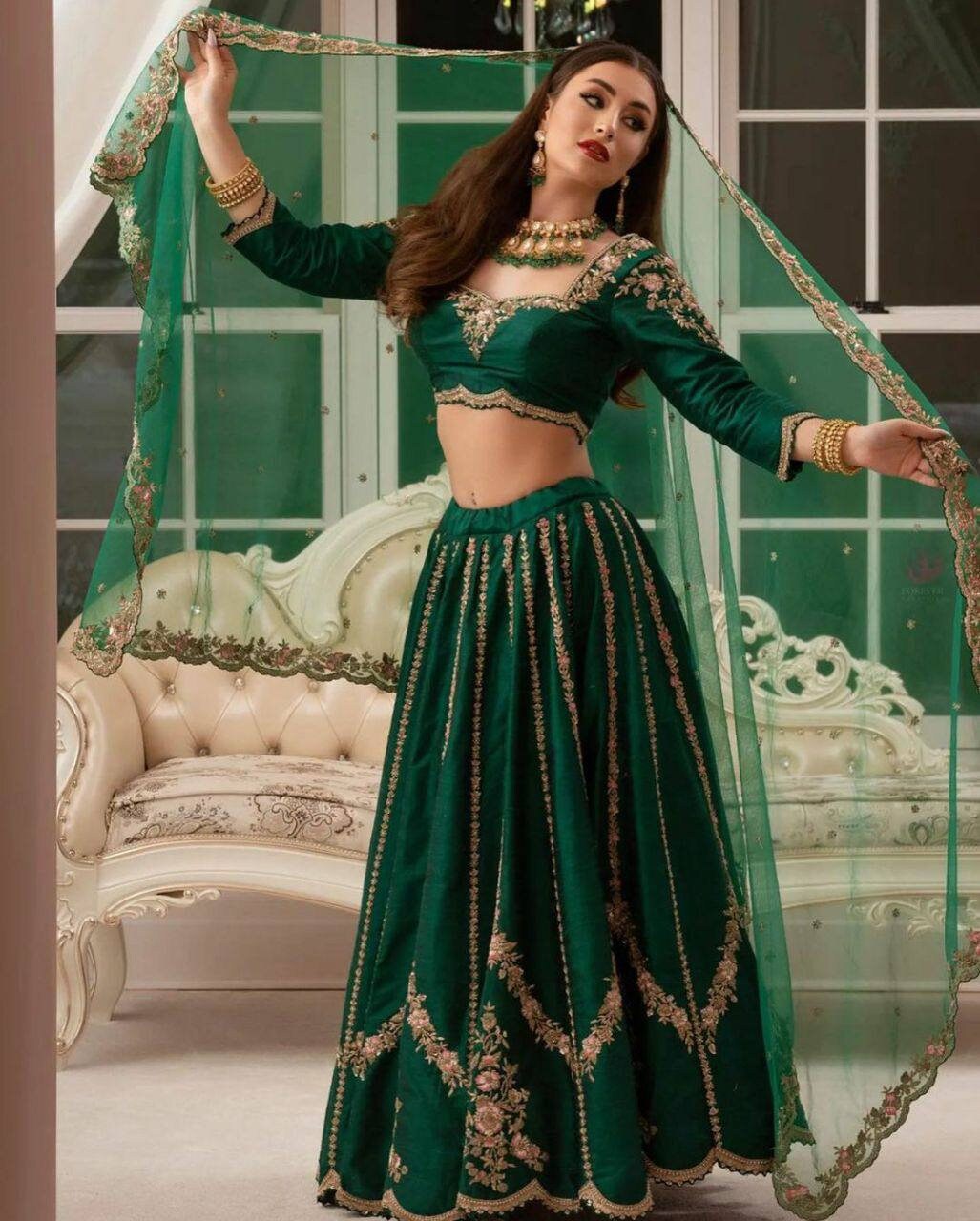 Beautiful Dark green color lehanga choli for women Heavy Sequins Embroidered Work Indo-western Outfits, Indian Outfits