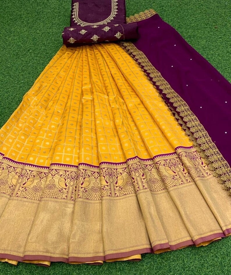 Kanjivaram Silk  Embroidery Duppta Half Saree Designer Wedding