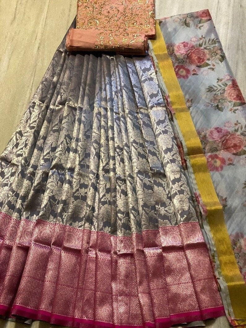 Grey Color Designer Kanjivaram Silk Half Saree Zari South Indian