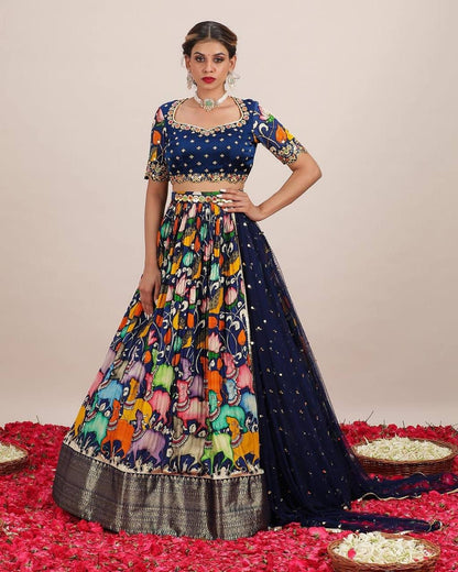 Designer Kalamkari Half Lehenga Wedding,Reception Function Wear Soft Fabric With  Moti Work Lace Border Dupatta Designer Readymade For Women