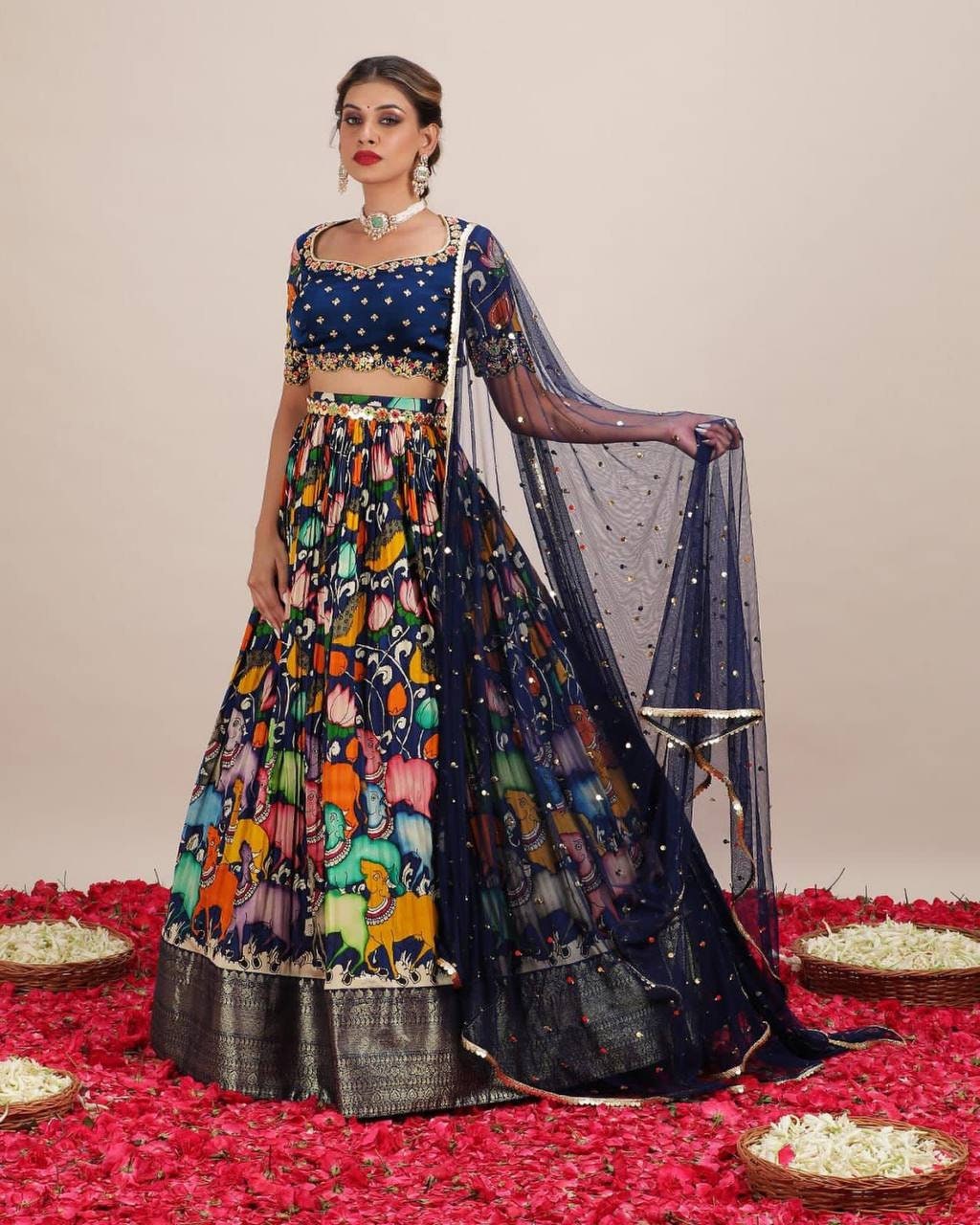 Designer Kalamkari Half Lehenga Wedding,Reception Function Wear Soft Fabric With  Moti Work Lace Border Dupatta Designer Readymade For Women