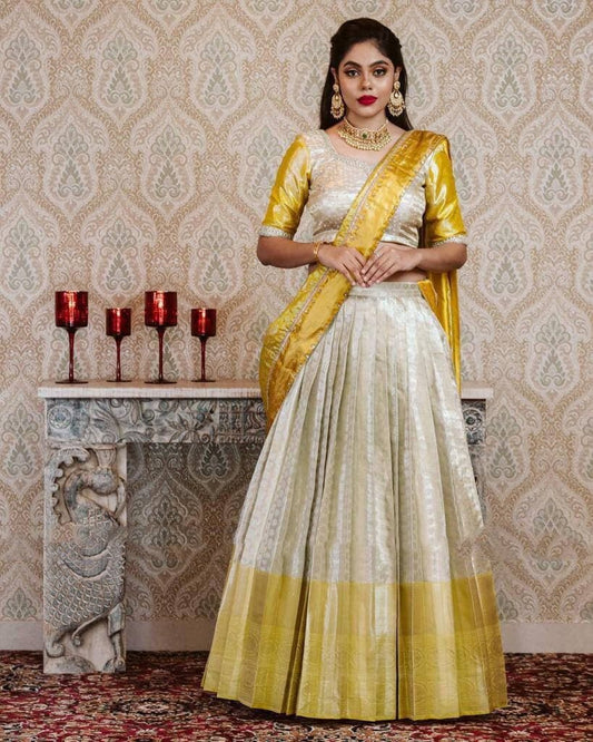 Yellow Color Designer Kanjivaram Silk Half Saree lehenga Zari Weaving South Saree