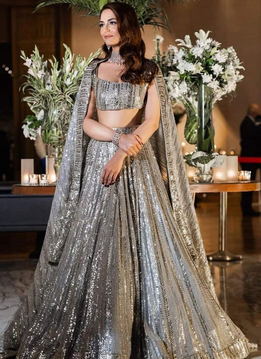 Indian Exclusive Grey Lehenga Choli,Wedding, Function Wear Soft Georgette Fabric With Gold Embroidered, Designer Traditional For Women