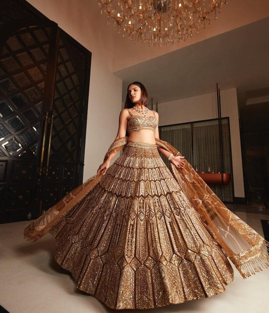 Brown Sequin Lehenga Choli For Women USA, Wedding, Reception, Function Wear Soft Net Fabric With heavy Embroidery Lehnega