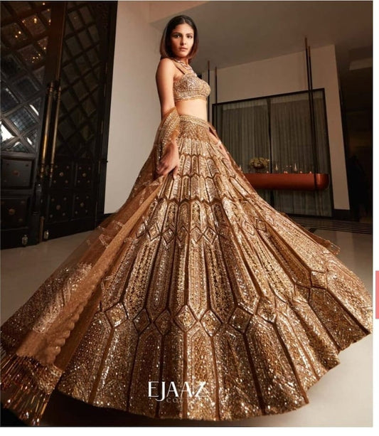 Brown Sequin Lehenga Choli For Women USA, Wedding, Reception, Function Wear Soft Net Fabric With heavy Embroidery Lehnega