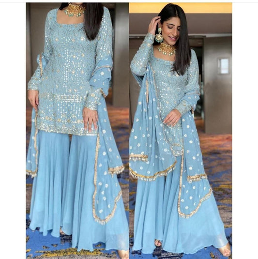 Designer Georgette 3 Piece Salwar Kameez for Wedding, Pakistani Ready-Made Dress, Beautiful Partywear Blue Kurta