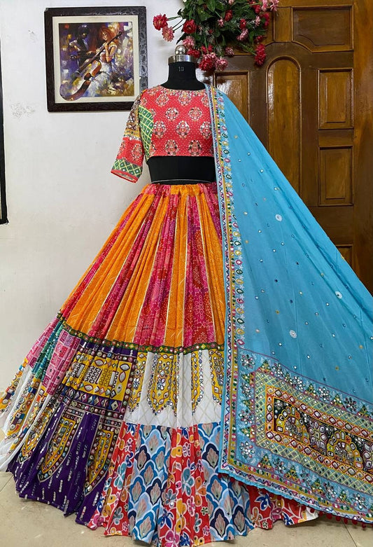 Navaratri Special Silk Lehenga Choli & Dupatta In Digital Print With Glued Real Mirror Work For Women For Garba Event, Navratri