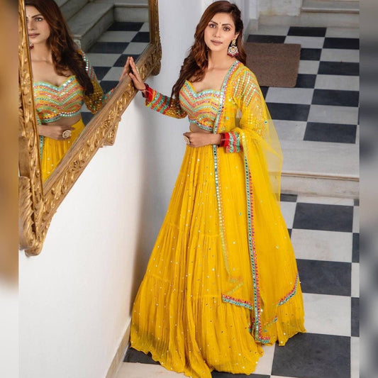 Yellow Georgette lehenga Choli For Women ,Indian Designer Party Wear Lengha Choli Punjabi Ghagra Choli Trending Wedding Bridal Lehenga Choli