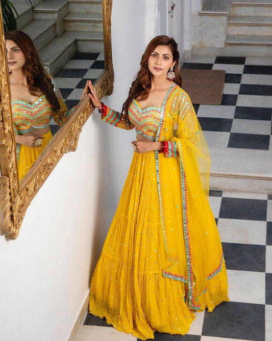 Yellow Georgette lehenga Choli For Women ,Indian Designer Party Wear Lengha Choli Punjabi Ghagra Choli Trending Wedding Bridal Lehenga Choli