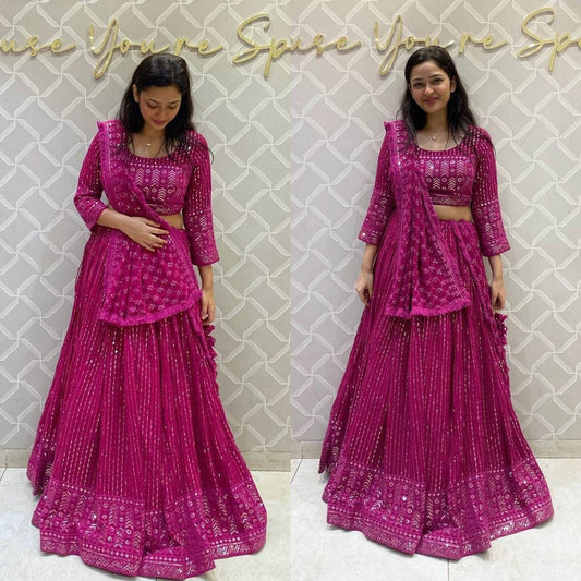 Rani pink  Lehenga Choli With Embroidery And Sequence Work And Georgette Dupatta For Women , Wedding Mehndi Lehenga Choli For Women Girls