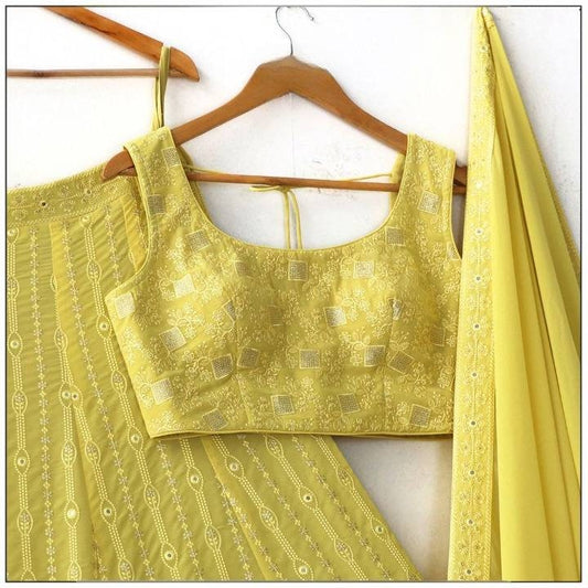 Sabyasachi Dusty Georgette Yellow Thread Lehenga Choli Wedding wear designer lehenga choli for women or girls ready to wear lehengas