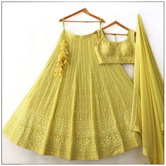 Sabyasachi Dusty Georgette Yellow Thread Lehenga Choli Wedding wear designer lehenga choli for women or girls ready to wear lehengas