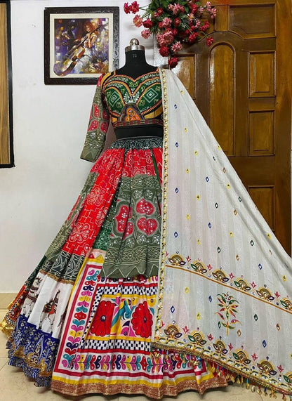 Navratri speical butter silk lehenga choli heavy printed chaniya choli real mirror work dandiya dress.