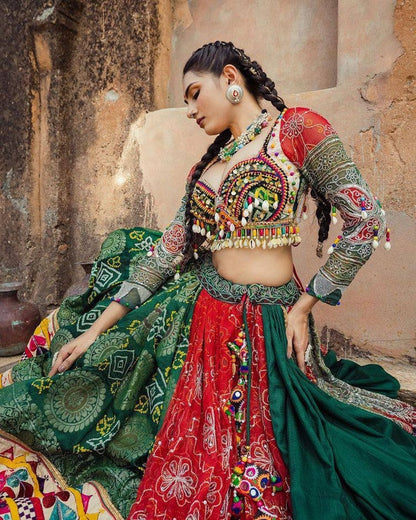 Navratri speical butter silk lehenga choli heavy printed chaniya choli real mirror work dandiya dress.