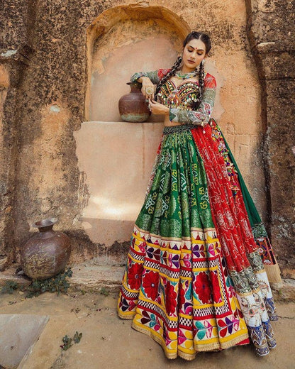 Navratri speical butter silk lehenga choli heavy printed chaniya choli real mirror work dandiya dress.