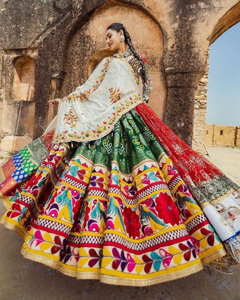 Navratri speical butter silk lehenga choli heavy printed chaniya choli real mirror work dandiya dress.