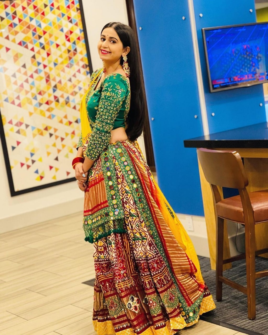 Navaratri Special butter Silk Lehenga Choli & Dupatta In Digital Print With Glued Real Mirror Work For Women For Garba Event