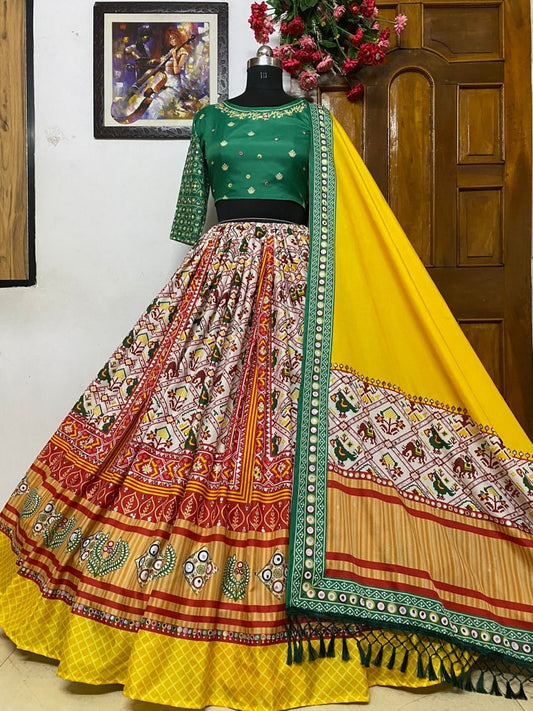 Navaratri Special butter Silk Lehenga Choli & Dupatta In Digital Print With Glued Real Mirror Work For Women For Garba Event