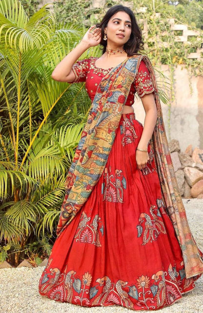 Designer Kalamkari Silk Half Saree Lehenga With Blouse South Indian Wedding Wear Half Saree For Woman Saree Classic Wear Lehenga for women