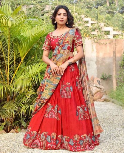 Designer Kalamkari Silk Half Saree Lehenga With Blouse South Indian Wedding Wear Half Saree For Woman Saree Classic Wear Lehenga for women