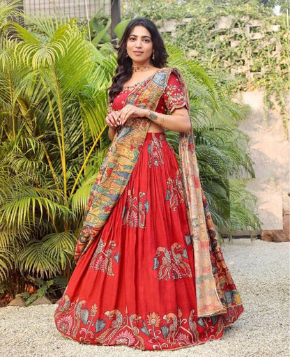 Designer Kalamkari Silk Half Saree Lehenga With Blouse South Indian Wedding Wear Half Saree For Woman Saree Classic Wear Lehenga for women