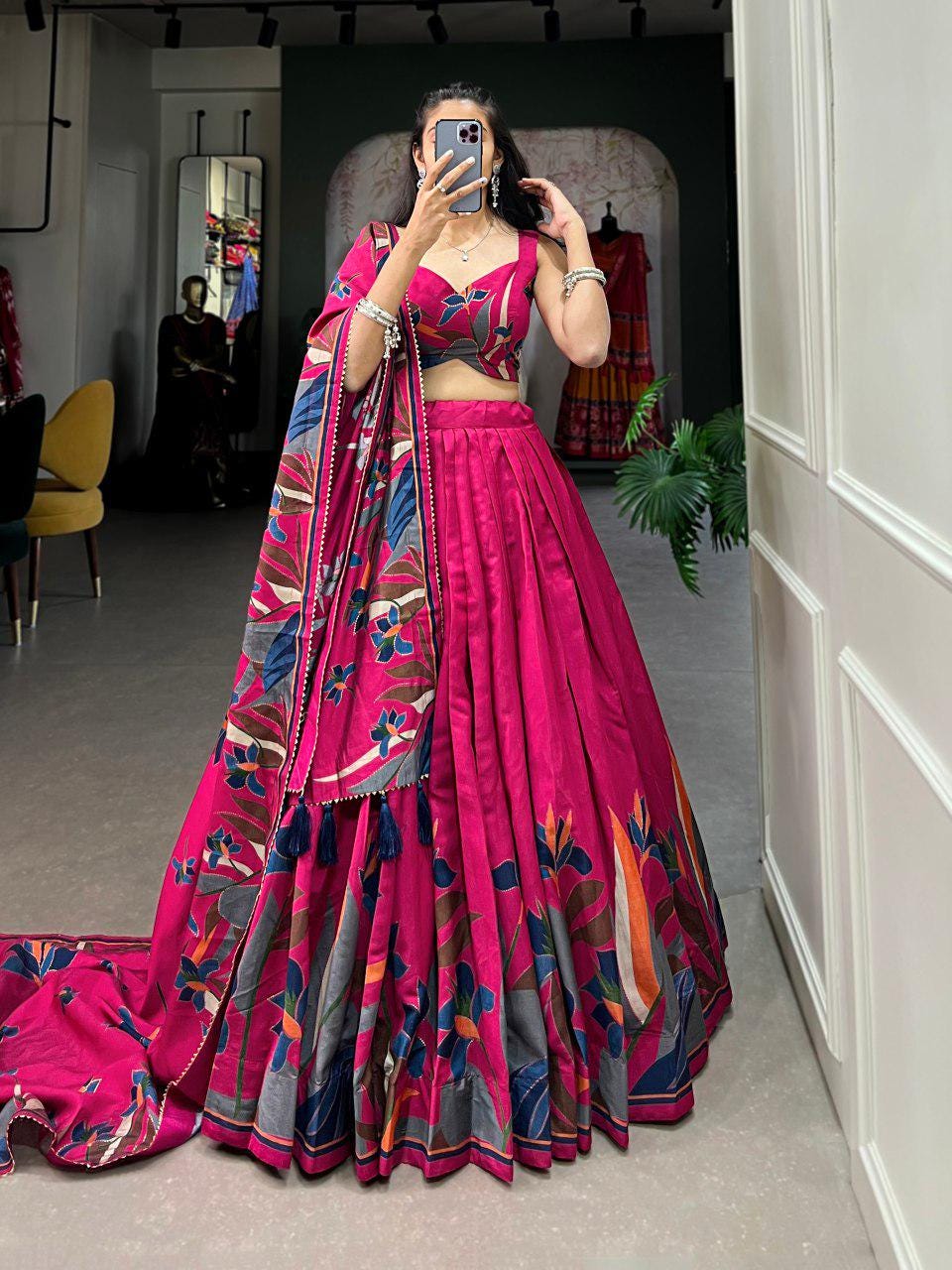 Viscose Chanderi  floral print lehenga choli, Traditional lehengas with silk dupatta, Indian lehenga for women in usa, lehenga for women