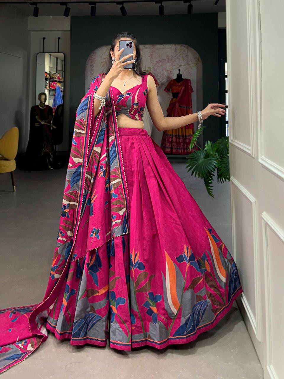 Viscose Chanderi  floral print lehenga choli, Traditional lehengas with silk dupatta, Indian lehenga for women in usa, lehenga for women