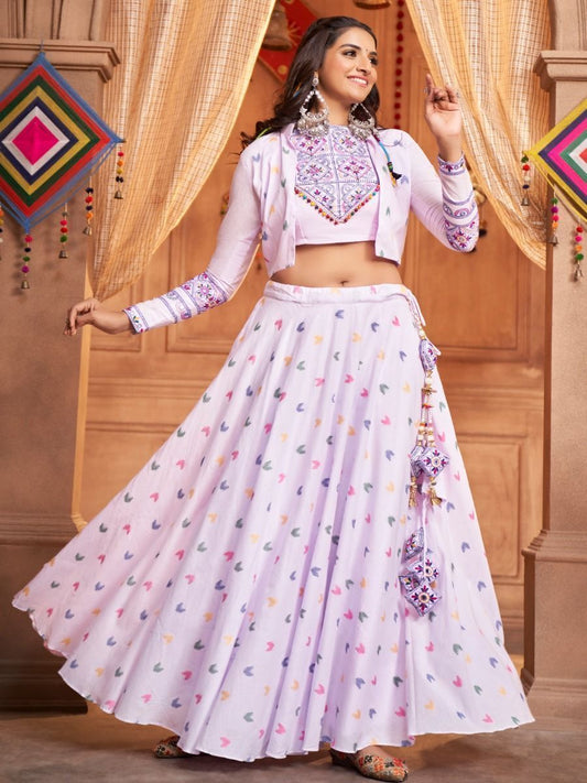 Lovely Lavender Thread Embroidered Cotton Navratri Lehenga Choli With Koti