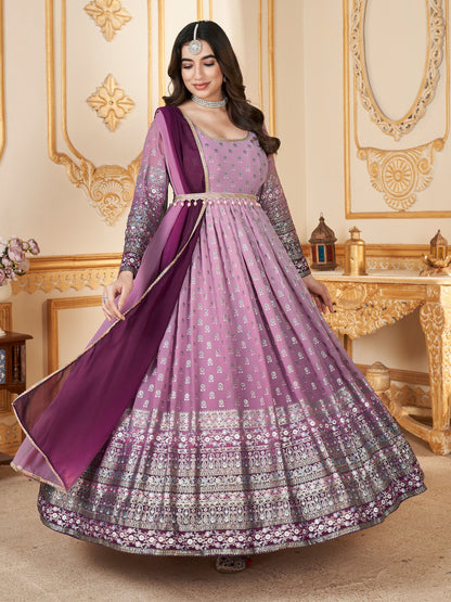 Enchanting Lavender Foil Work Georgette Wedding Gown With Dupatta