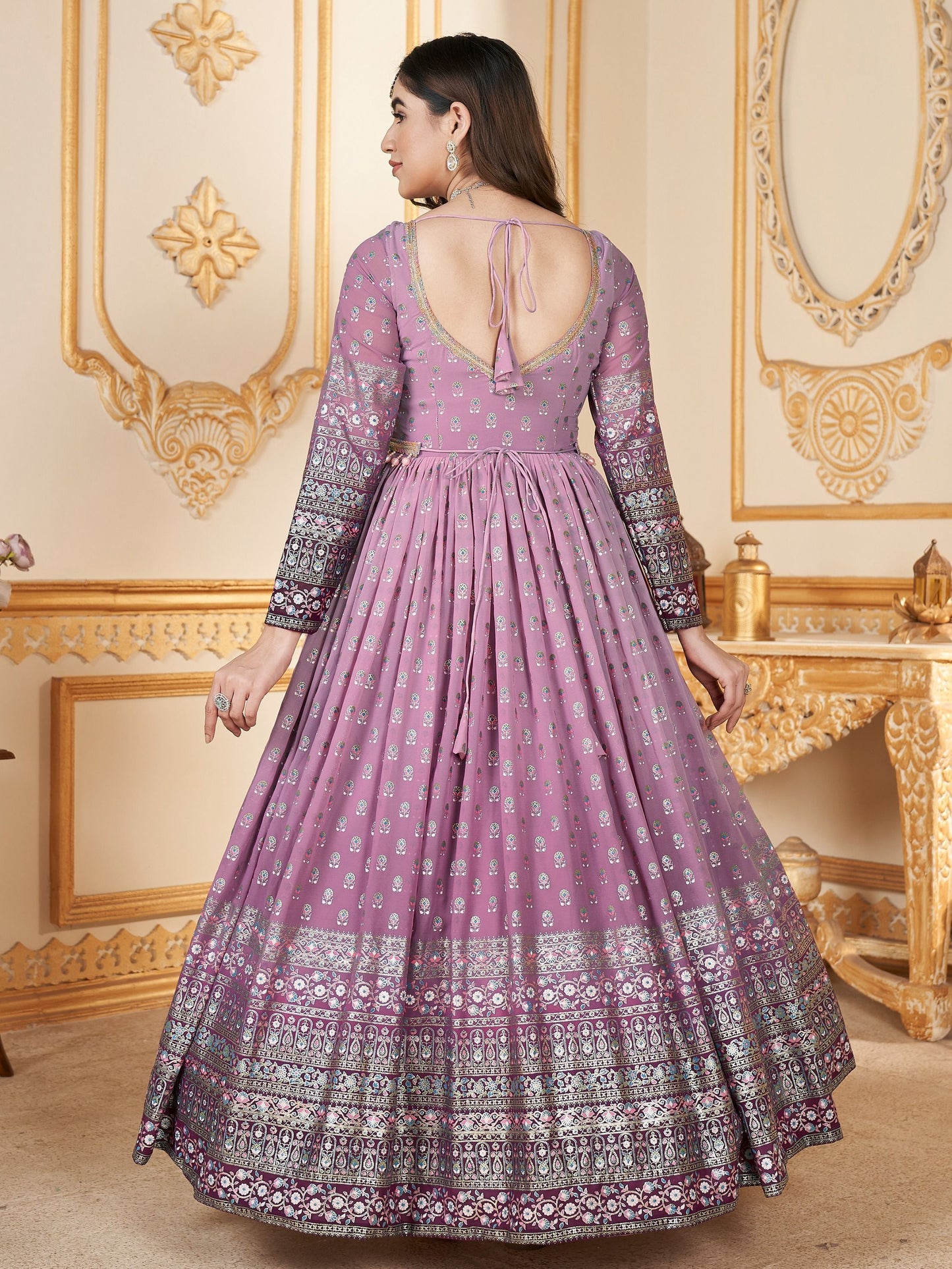 Enchanting Lavender Foil Work Georgette Wedding Gown With Dupatta