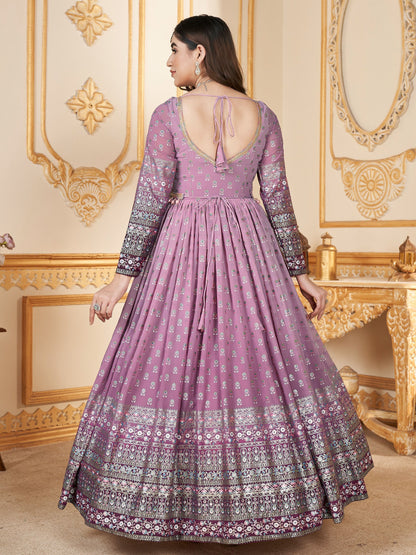 Enchanting Lavender Foil Work Georgette Wedding Gown With Dupatta