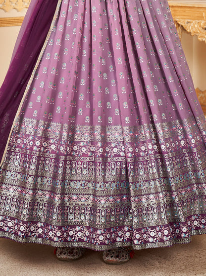 Enchanting Lavender Foil Work Georgette Wedding Gown With Dupatta