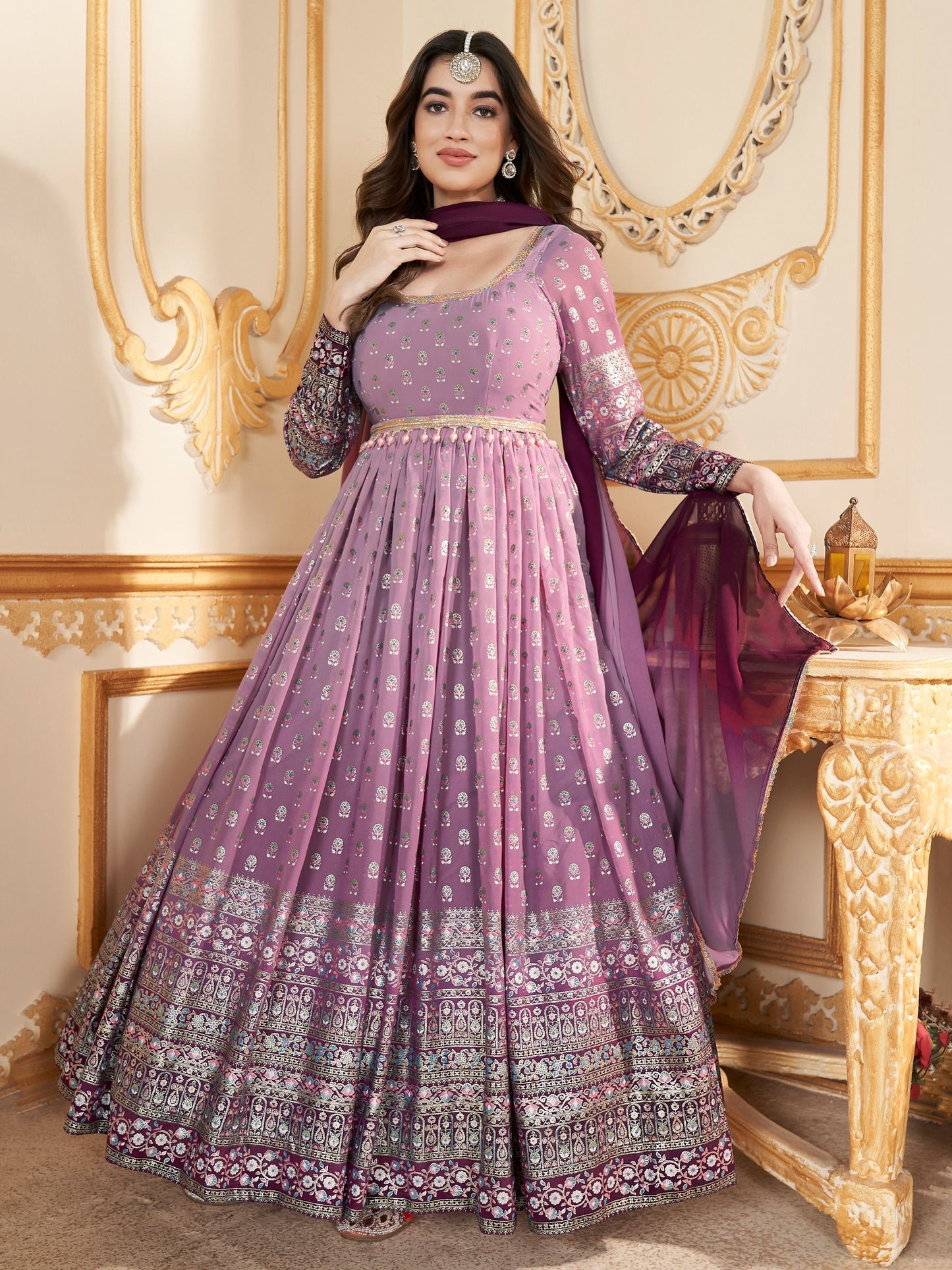 Enchanting Lavender Foil Work Georgette Wedding Gown With Dupatta